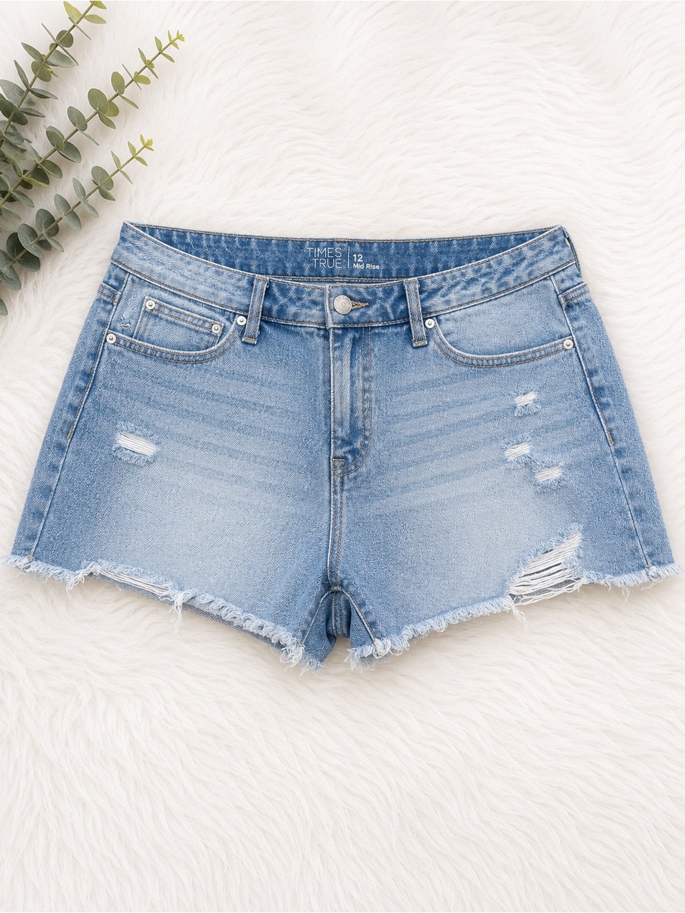 Time and Tru Light Blue High-Rise Distressed Denim Shorts